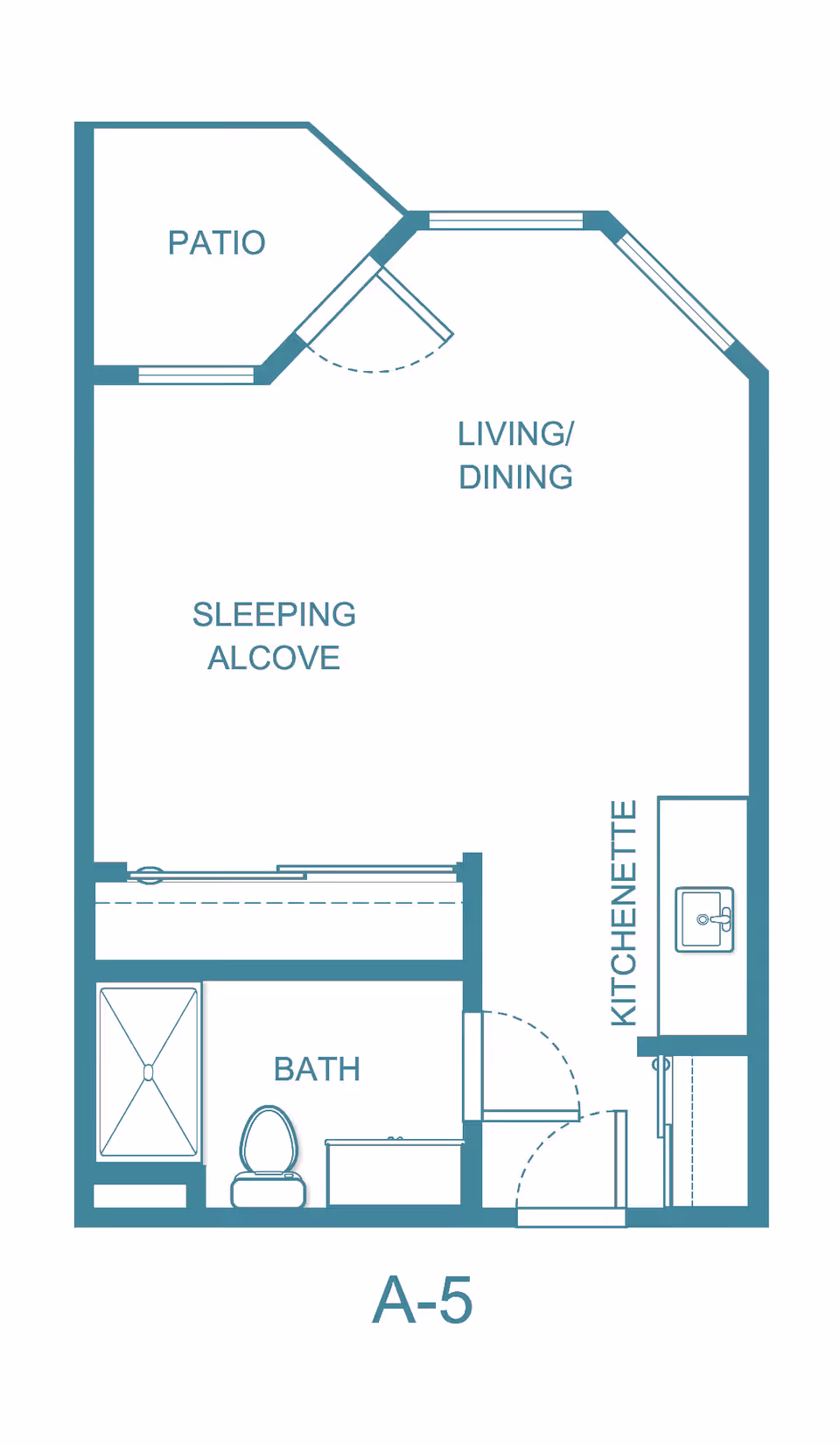 Floor plan of a studio apartment layout labeled A-5 at La Mirada Heights, featuring a patio, living/dining area, sleeping alcove, kitchenette, and bathroom.