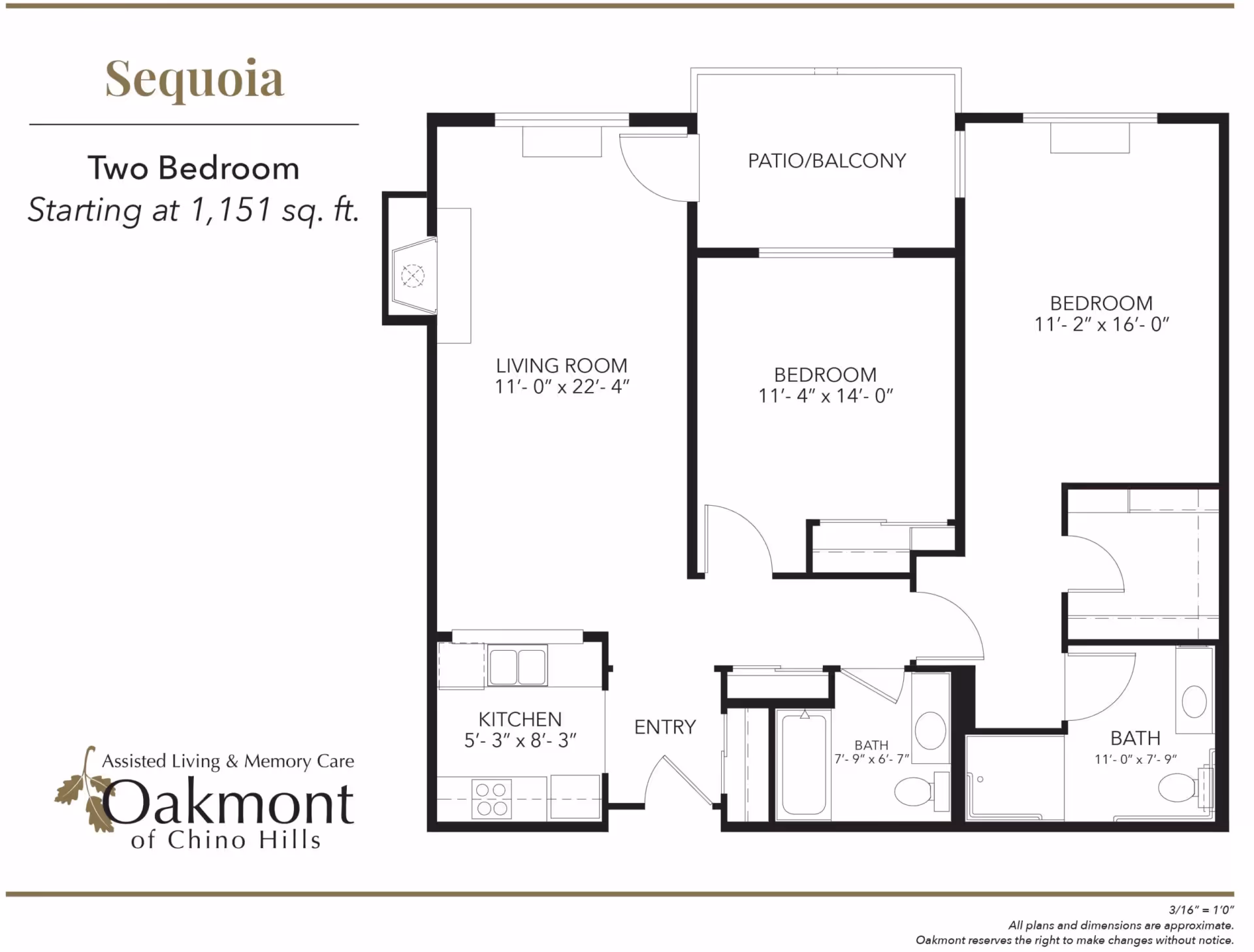 Black-and-white floor plan titled 'Sequoia' of a two-bedroom apartment showing living room, kitchen, two baths and a patio/balcony with Oakmont of Chino Hills branding.