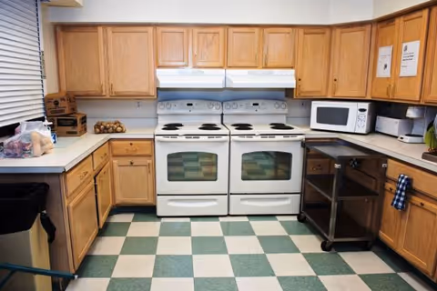 A kitchen area with two white electric stoves side by side, wooden cabinets above and below the countertops, a microwave on the right countertop, and a green and white checkered floor.