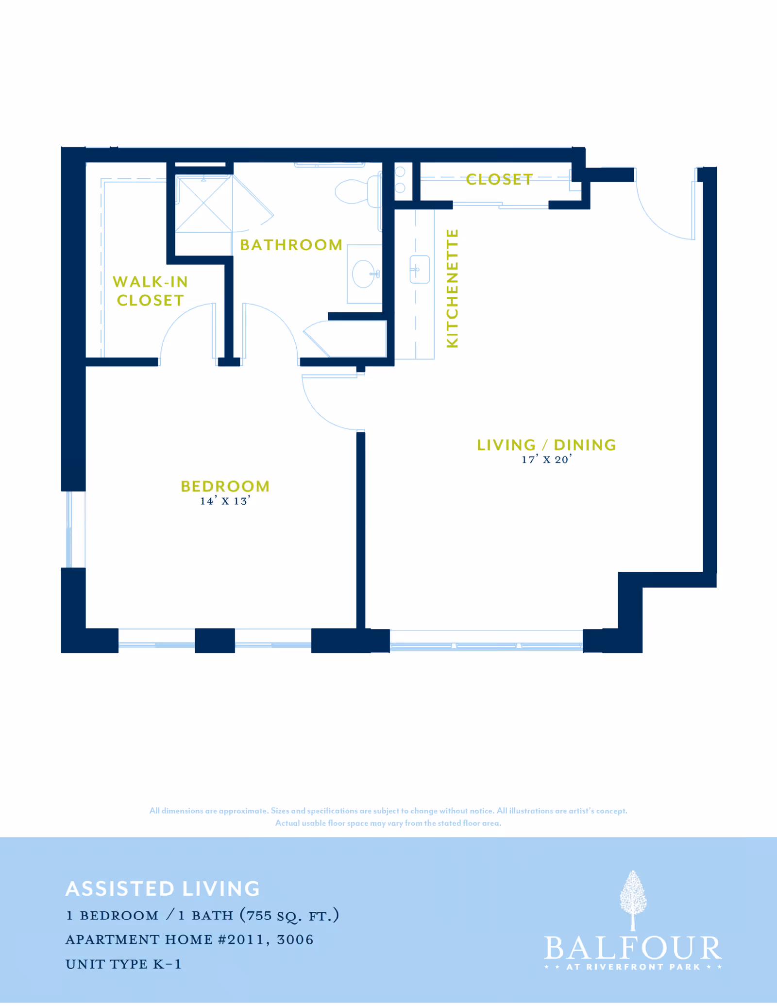 Floor plan of an assisted living apartment at Balfour at Riverfront Park showing a 1 bedroom, 1 bathroom layout with a walk-in closet, kitchenette, living/dining area, and closet. The bedroom measures 14 by 13 feet and the living/dining area measures 17 by 20 feet.
