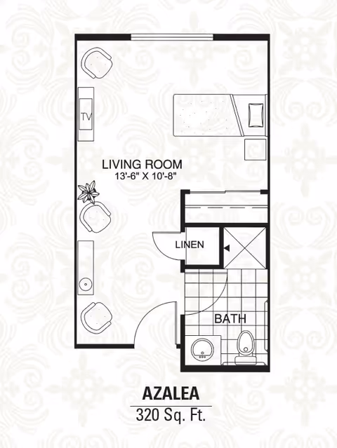 Floor plan of a 320 square feet assisted living unit named Azalea, featuring a living room area with a bed, TV, chairs, and a small table, a linen closet, and a bathroom with a sink, toilet, and shower.