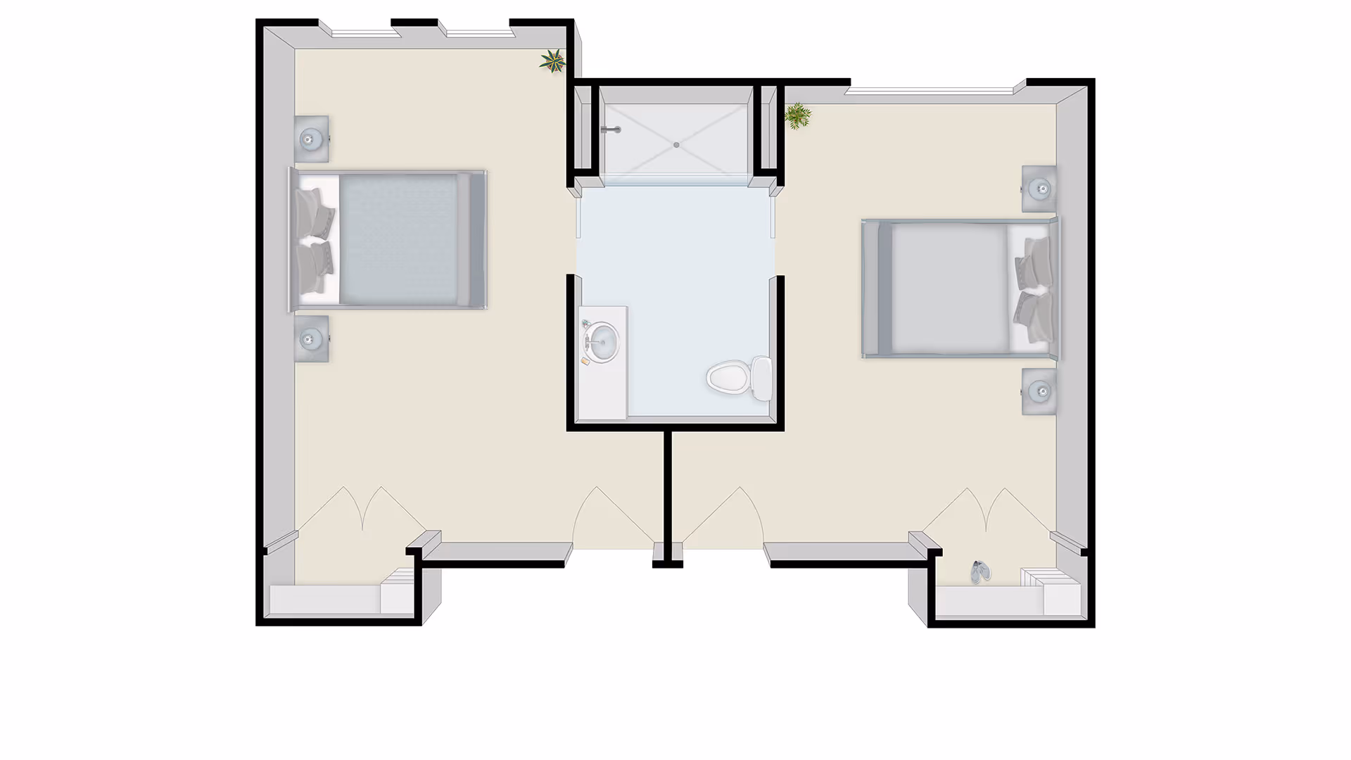 Top-down floor plan of a two-bedroom unit with a central bathroom and shower.