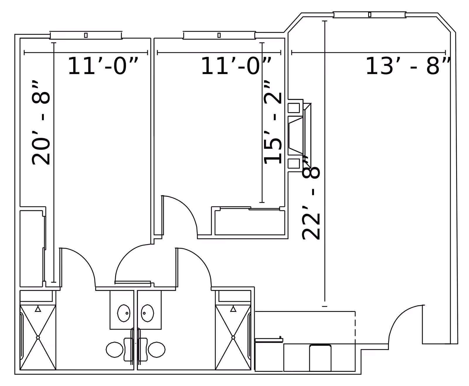 Architectural floor plan showing a layout with two bedrooms, two bathrooms, and a living area with dimensions labeled in feet and inches.