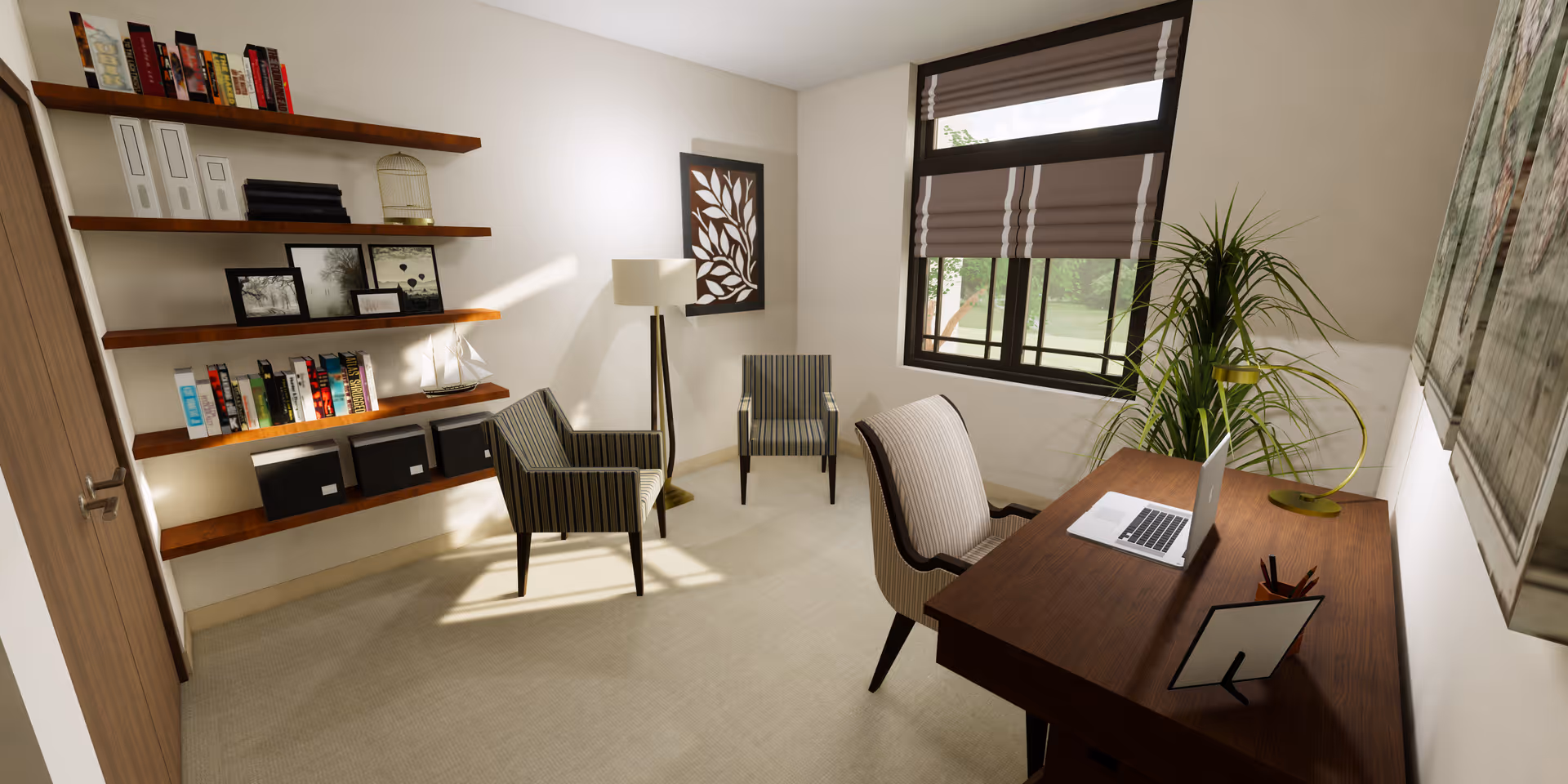 A bright, cozy office or study room with a wooden desk holding a laptop, a framed photo, and a pencil holder. There are two striped armchairs near a window with brown and white striped blinds. A tall floor lamp stands between the chairs. On the left wall, there are wooden shelves with books, photo frames, and decorative items. A large plant is placed near the window, and a framed artwork hangs on the wall above the desk.