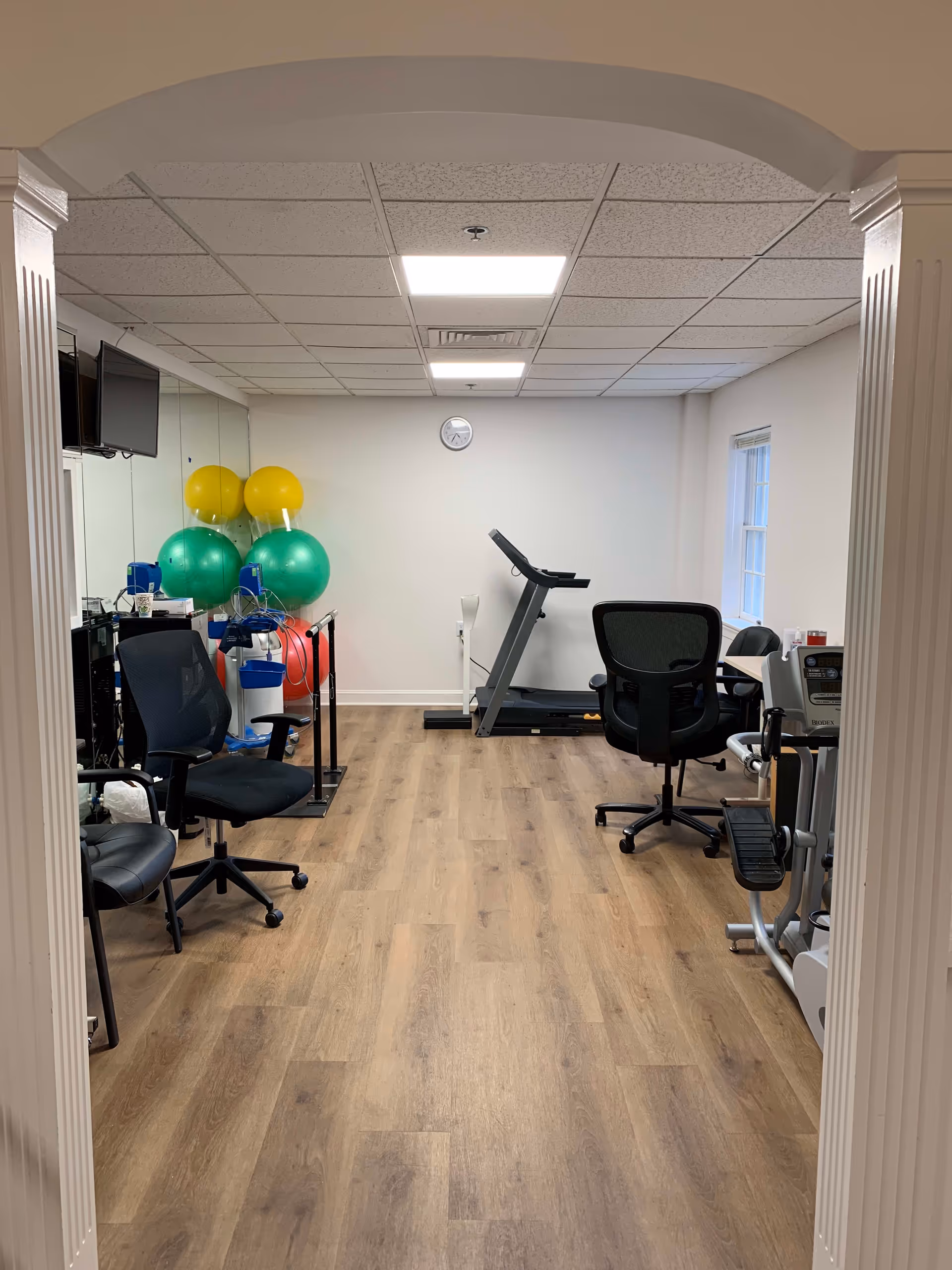 Room with exercise equipment including a treadmill, exercise balls in yellow, green, and red, two black office chairs, a TV mounted on the wall, and a large mirror. The room has wood flooring, white walls, and a clock on the wall.