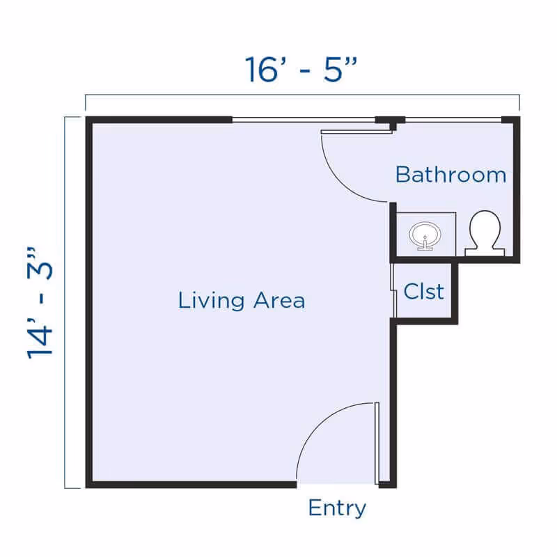 Floor plan showing a living area with dimensions 16 feet 5 inches by 14 feet 3 inches, an entry door, a bathroom with a sink and toilet, and a small closet labeled Clst.