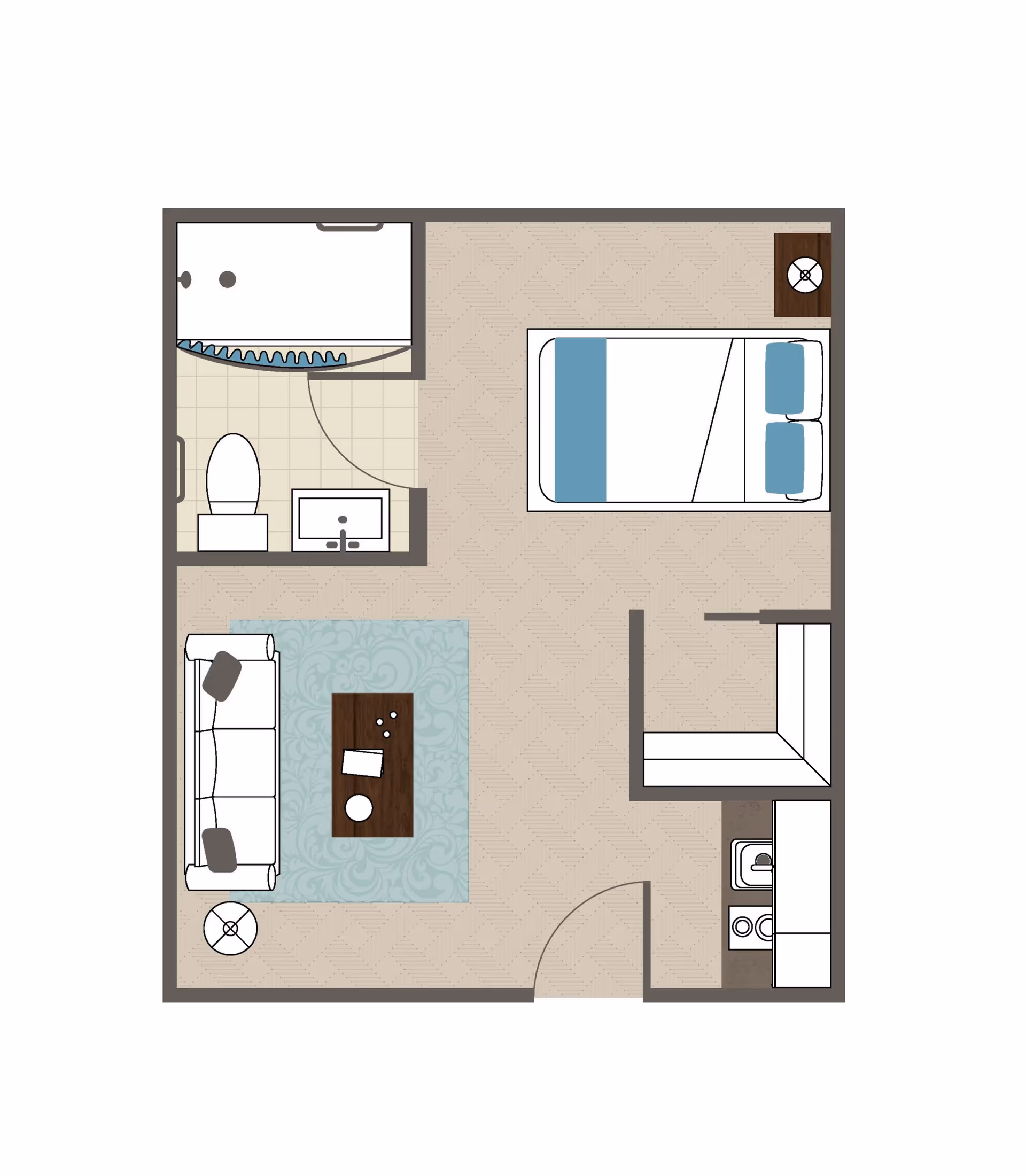 Floor plan of a small assisted living unit featuring a bedroom with a bed and nightstand, a living area with a sofa, coffee table, and side table, a bathroom with a shower, toilet, and sink, and a kitchenette with a sink and stove.
