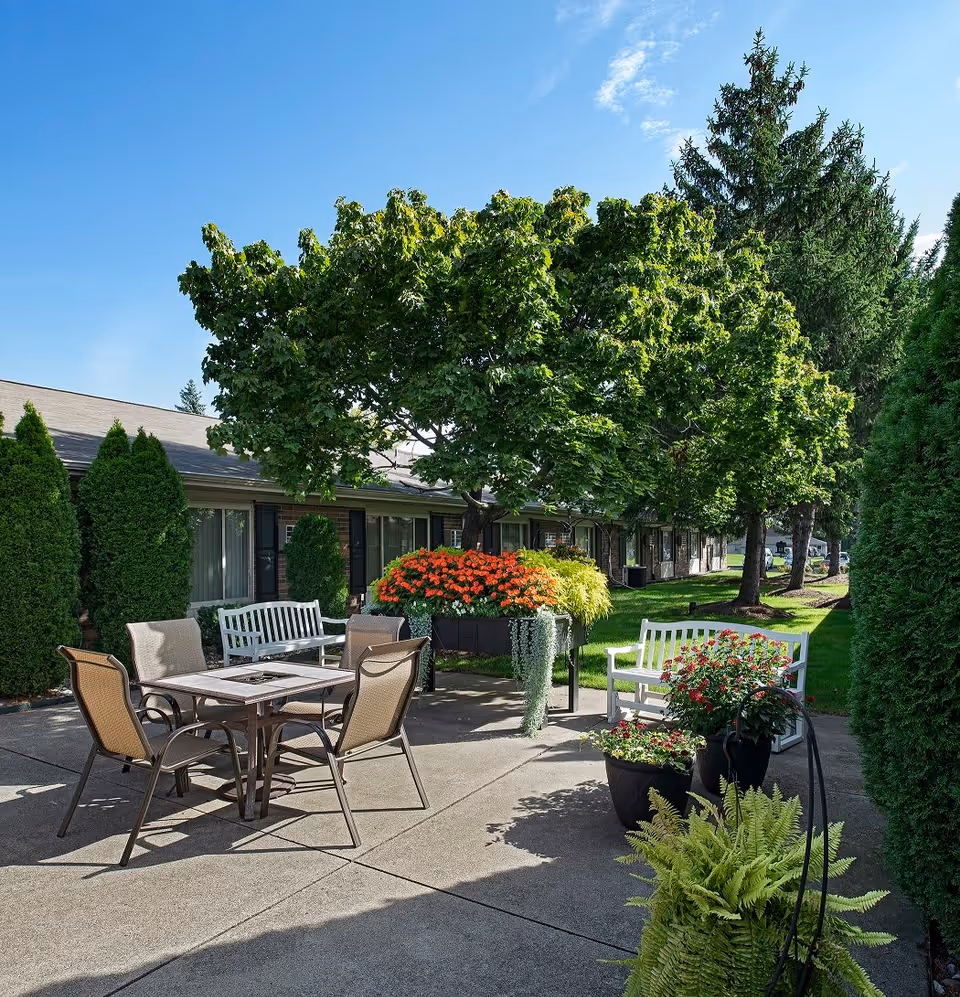 Outdoor patio area with a table and four chairs, two white benches, and several potted plants and flowers. The area is surrounded by green trees and shrubs with a clear blue sky overhead.
