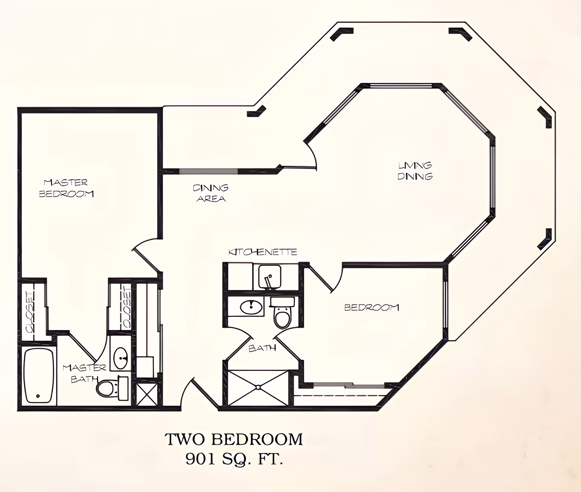 Floor plan of a two-bedroom apartment with 901 square feet, showing a master bedroom with closet and master bath, a second bedroom, a bath, kitchenette, dining area, and a combined living and dining area with an octagonal shape.