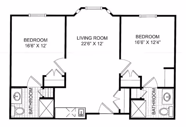Black and white architectural floor plan of a living space at Summit Place of Kings Mountain showing two bedrooms, two bathrooms, and a central living room. Each bedroom has its own bathroom, and the living room is positioned between the two bedrooms.