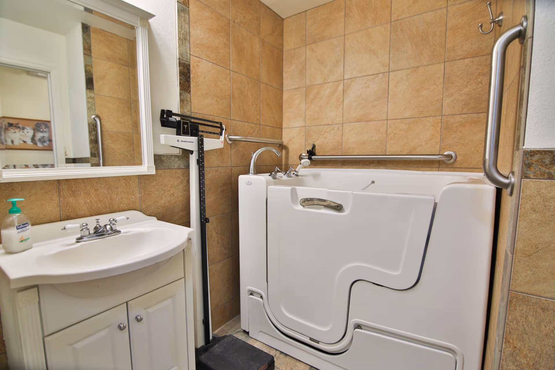 Accessible bathroom with a walk-in bathtub with grab bars, a sink with mirror, and a standing scale.