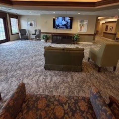 A spacious living room area with patterned carpet, multiple armchairs, and a sofa facing a wall-mounted flat-screen TV. The room has large windows on the left side allowing natural light, framed artwork on the walls, and potted plants near the TV stand. A hallway is visible on the right side.