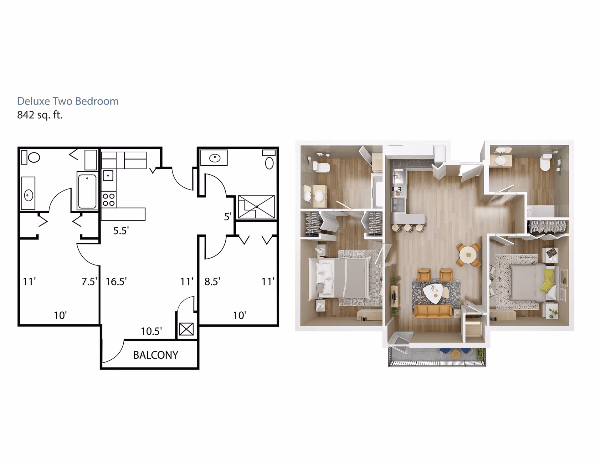 Floor plan and 3D rendering of a deluxe two-bedroom apartment with 842 square feet, featuring two bedrooms, two bathrooms, a kitchen with a breakfast bar, a living room, and a balcony.