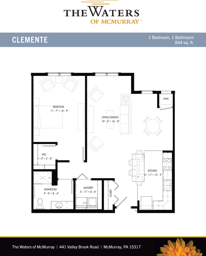 Floor plan layout of a one-bedroom, one-bathroom apartment named Clemente at The Waters of McMurray, showing labeled areas including bedroom, living/dining room, kitchen, bathroom, laundry, walk-in closet, and HVAC with dimensions.