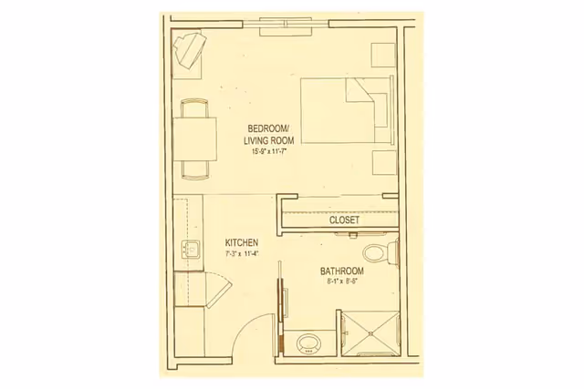 Architectural floor plan of a small living space at The Bridge at Alamosa, showing a combined bedroom and living room area with a bed, chair, and table, a kitchen area with a sink and stove, a bathroom with a toilet, sink, and shower, and a closet.