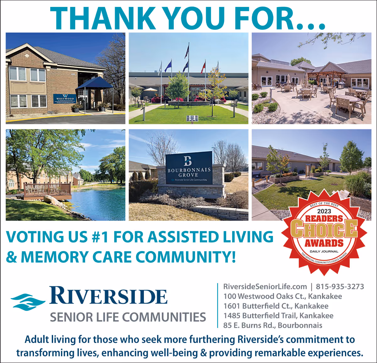 Collage of six images showing exterior views and outdoor spaces of senior living communities including Westwood Trails & Fields and Bourbonnais Grove, with a thank you message for being voted #1 for assisted living and memory care community, along with Riverside Senior Life Communities logo and contact information.