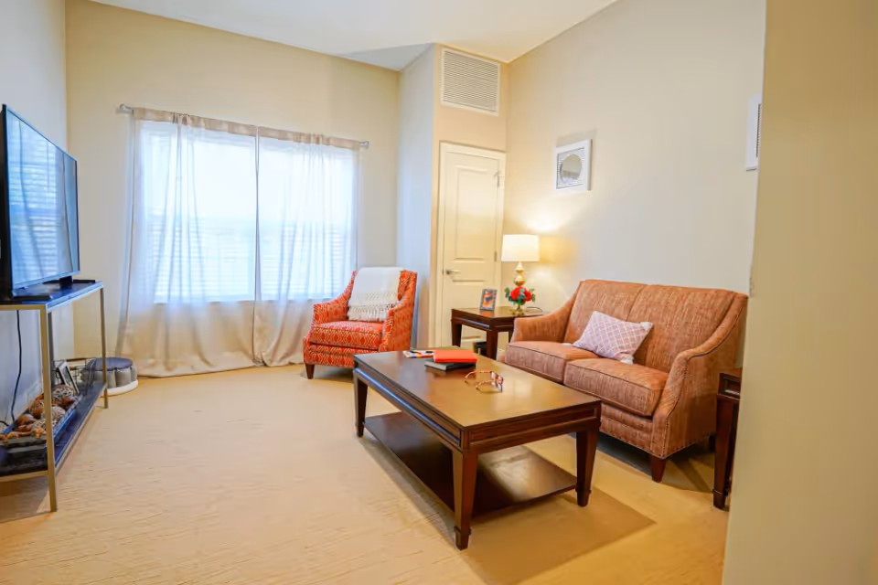 A cozy living room with a large window covered by sheer curtains, an orange patterned armchair with a white throw blanket, a matching orange sofa with a decorative pillow, a wooden coffee table with books and glasses on it, a side table with a lamp and flowers, and a flat-screen TV on a stand.