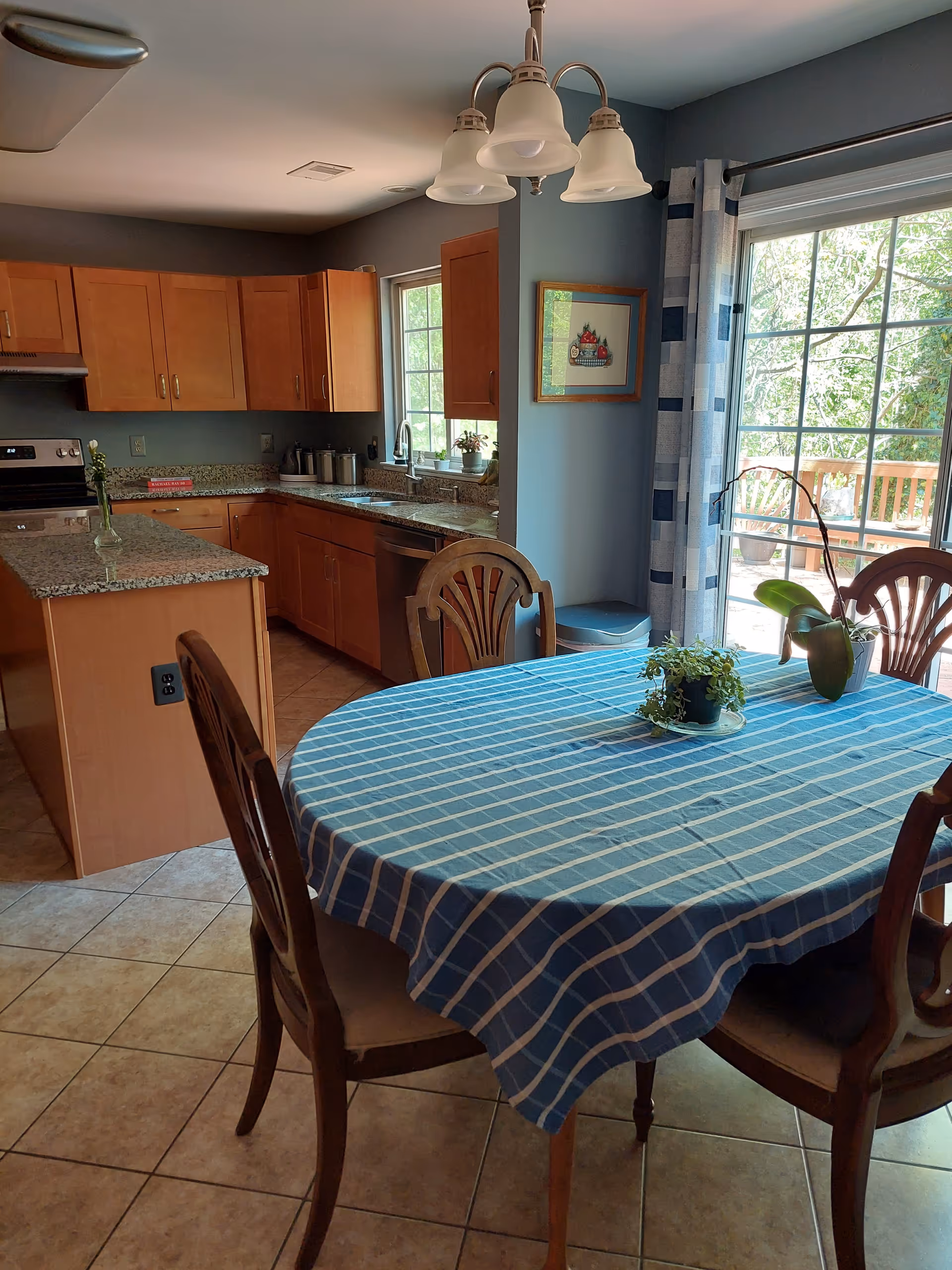 A kitchen and dining area with wooden cabinets, granite countertops, and tiled floor. The dining table is covered with a blue and white checkered tablecloth and has two small potted plants on it. There are four wooden chairs around the table. A sliding glass door with blue and white curtains leads to an outdoor deck with greenery visible outside. A ceiling light fixture with four lamps hangs above the dining table.
