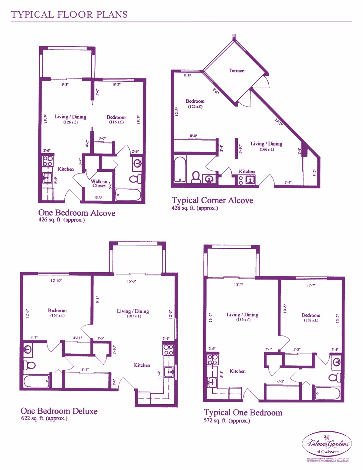 Four typical floor plans for senior living apartments at Delmar Gardens of Gwinnett, showing layouts for One Bedroom Alcove, Typical Corner Alcove, One Bedroom Deluxe, and Typical One Bedroom units with dimensions and approximate square footage.