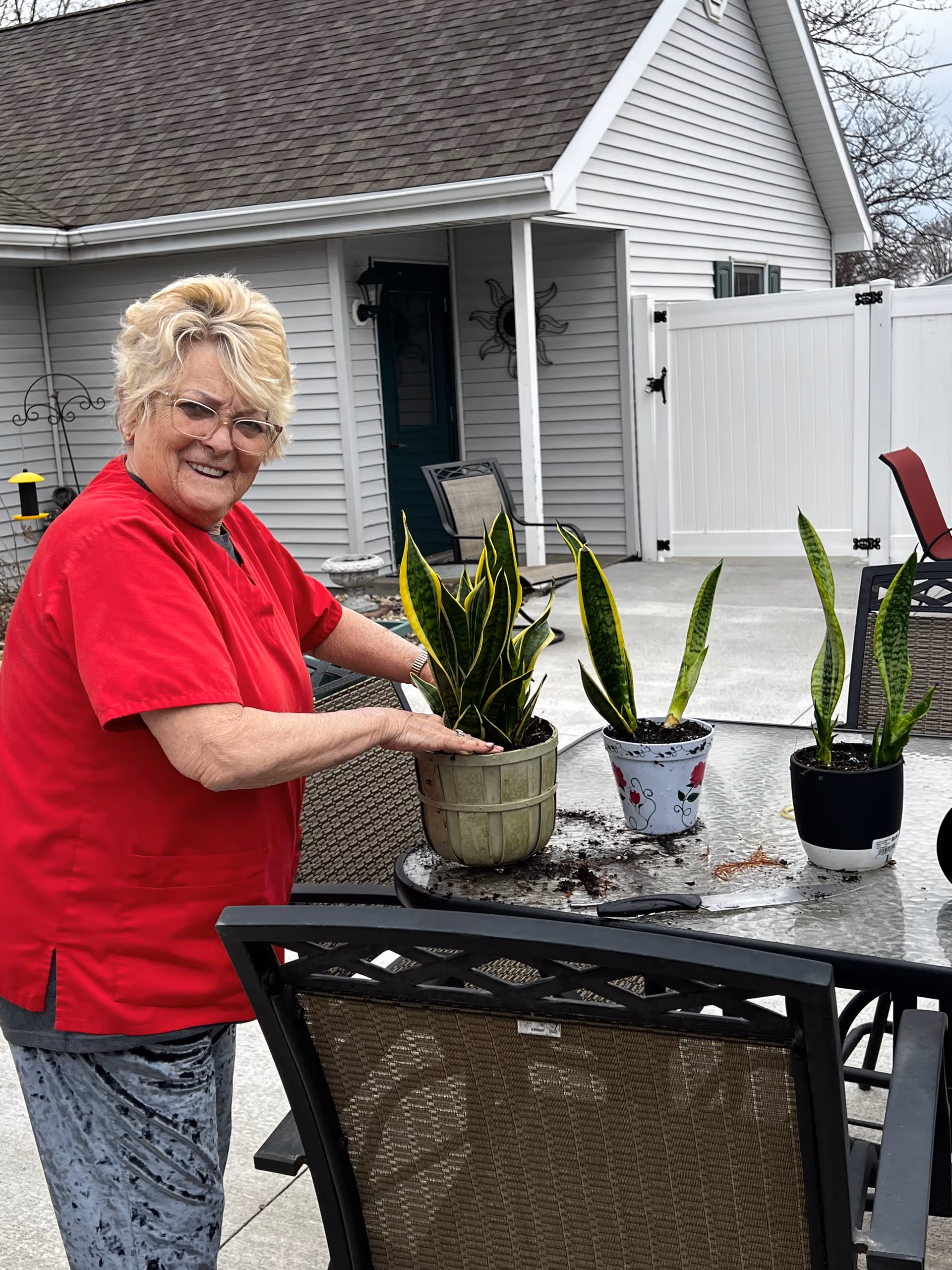 An elderly woman wearing a red shirt and glasses is smiling while tending to potted snake plants on a glass outdoor table. The setting is a patio area with outdoor chairs, a white fence, and a house with gray siding in the background.