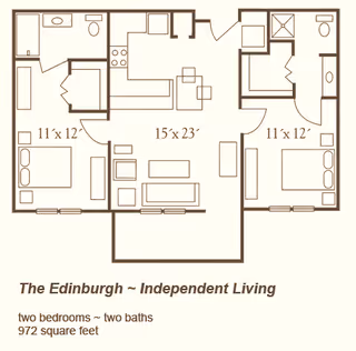 Floor plan of The Edinburgh independent living unit at Oak Grove Inn, showing two bedrooms each measuring 11 by 12 feet, two bathrooms, a kitchen, and a living room area measuring 15 by 23 feet. The total area is 972 square feet.