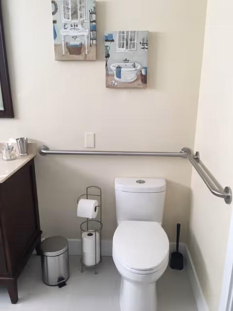Small accessible bathroom with a toilet, wall-mounted grab bars, toilet paper stand, trash can, and vanity under decorative wall art.