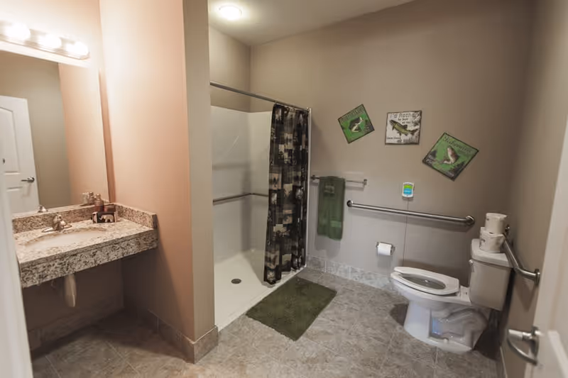 A spacious senior living bathroom featuring a walk-in shower with a patterned curtain, a toilet with grab bars on both sides, a green bath mat, and a granite countertop sink with a mirror above. The walls are decorated with three green and white bird-themed pictures.
