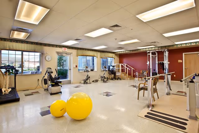 Rehabilitation gym with exercise machines, parallel bars, and two large yellow exercise balls on the floor.