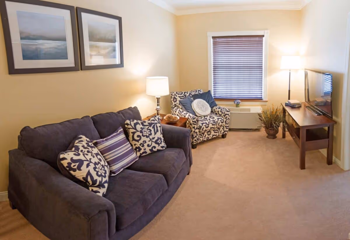 A cozy living room with a dark blue sofa adorned with patterned and striped pillows, a matching patterned armchair with a round pillow, a wooden side table with a lamp, a window with closed blinds, a floor lamp, a wooden TV stand with a flat-screen TV, and a potted plant on the floor.