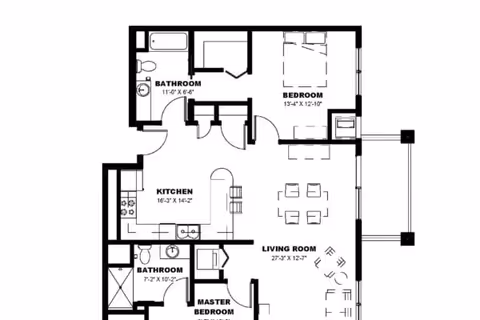 Architectural floor plan showing a layout with a kitchen, living room, bedroom, master bedroom, and two bathrooms. The kitchen is adjacent to the living room, and the bedrooms and bathrooms are positioned along the perimeter.