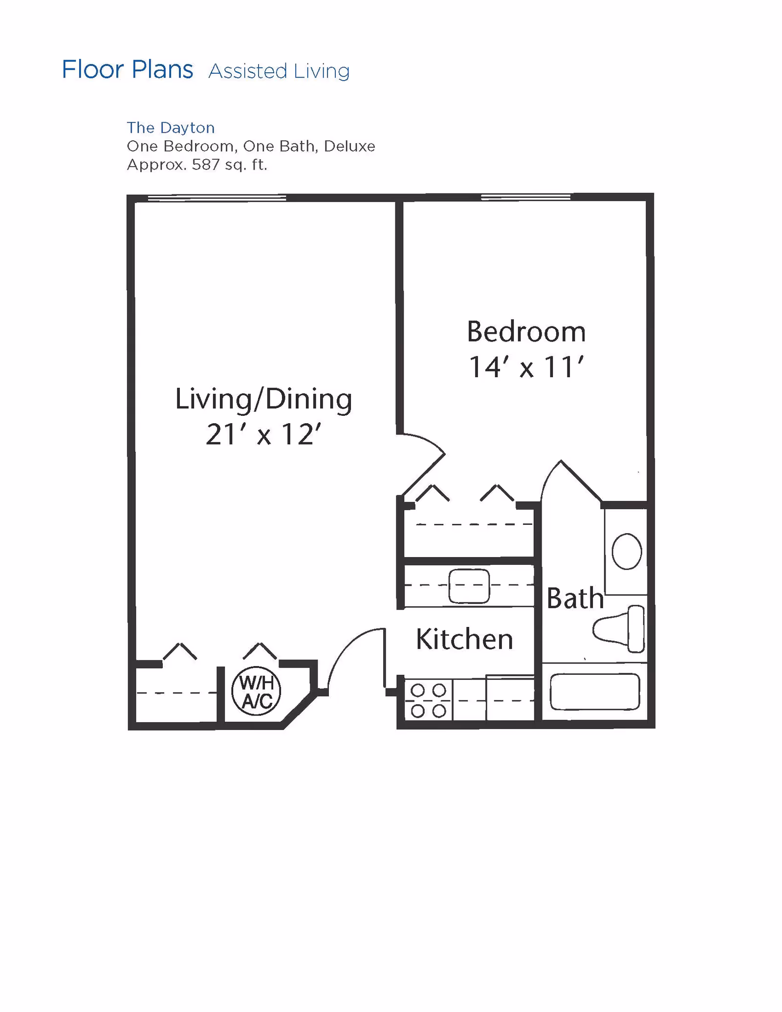 Floor plan of an assisted living unit named The Dayton, featuring one bedroom measuring 14 by 11 feet, a living/dining area measuring 21 by 12 feet, a kitchen, and a bathroom. The total area is approximately 587 square feet.