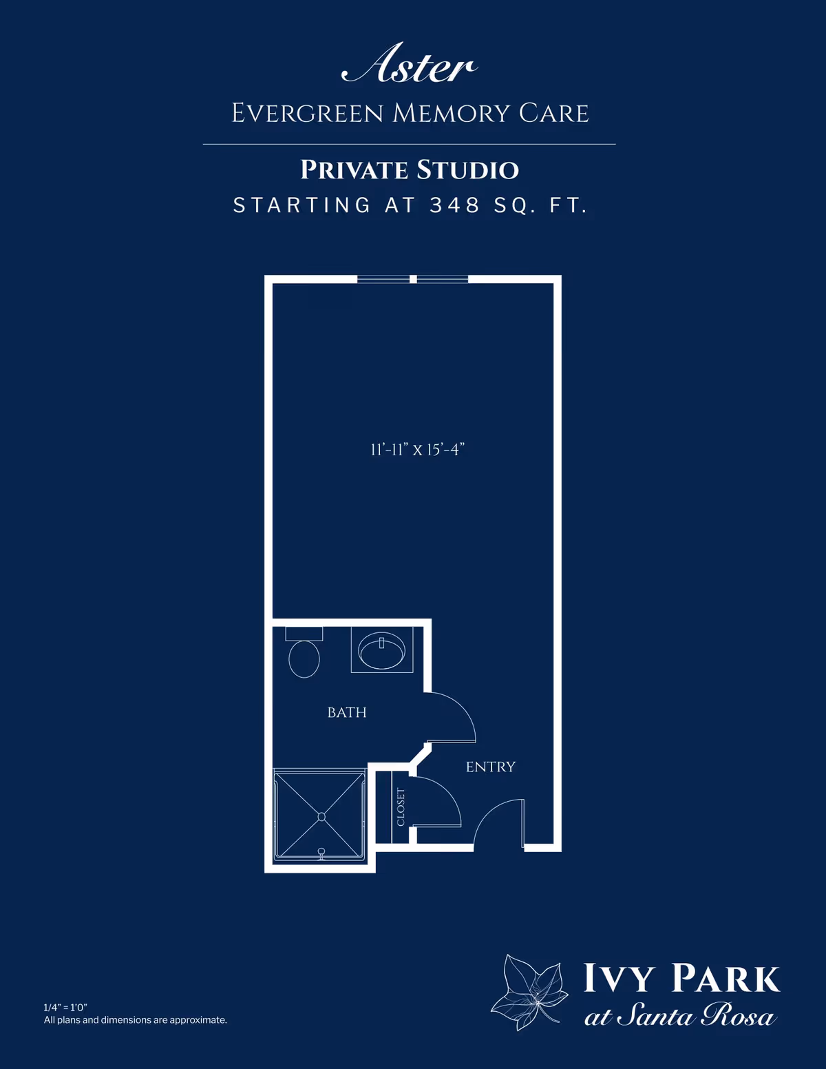 Floor plan of a private studio at Ivy Park at Santa Rosa, Evergreen Memory Care, named Aster. The studio measures 11 feet 11 inches by 15 feet 4 inches and includes a bath with a toilet, sink, and shower, an entry area, and a closet.