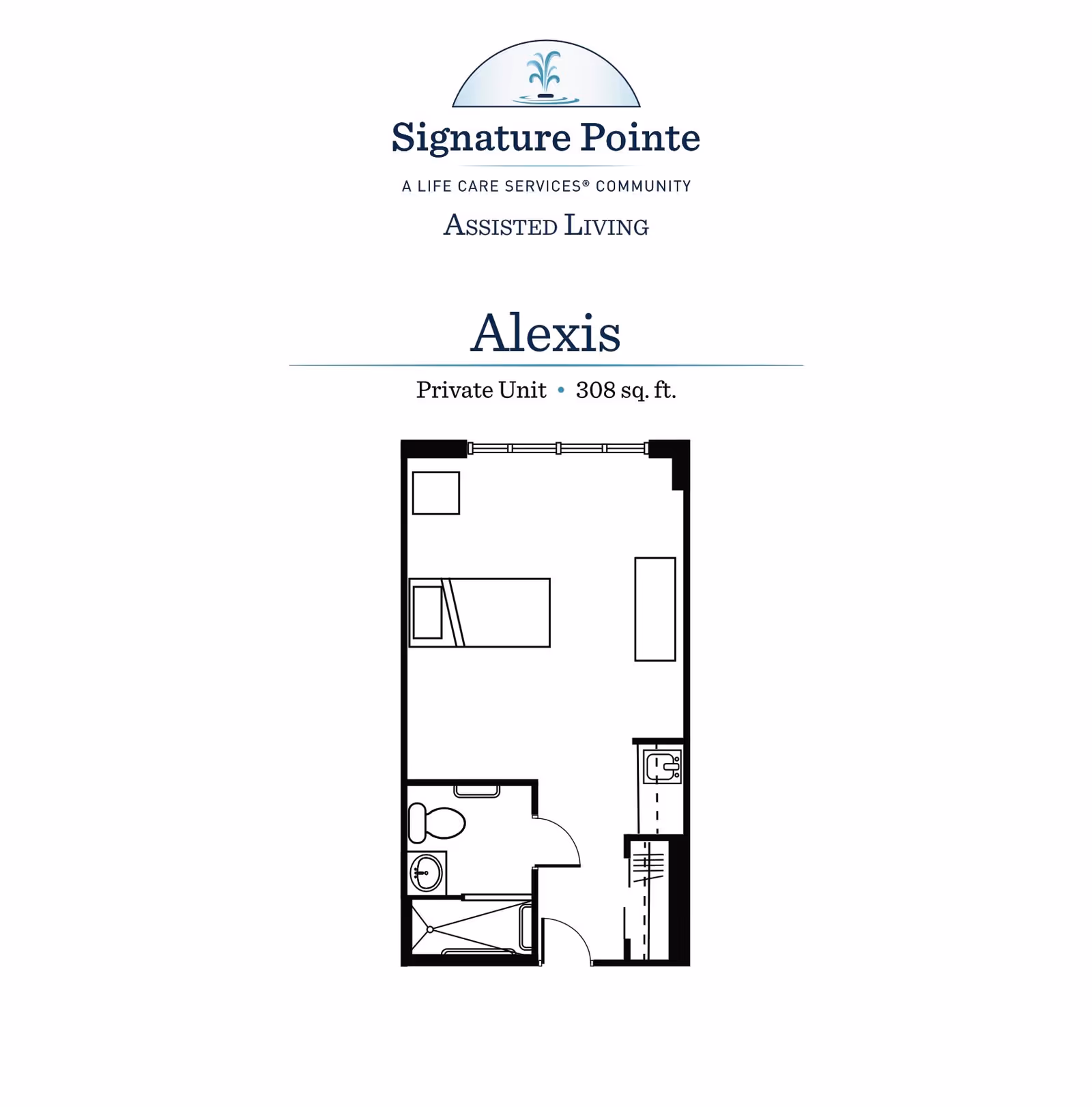 Floor plan of Alexis private unit at Signature Pointe Assisted Living, showing a 308 square feet layout with a combined living and sleeping area, a bathroom with toilet, sink, and shower, and a small kitchenette area.