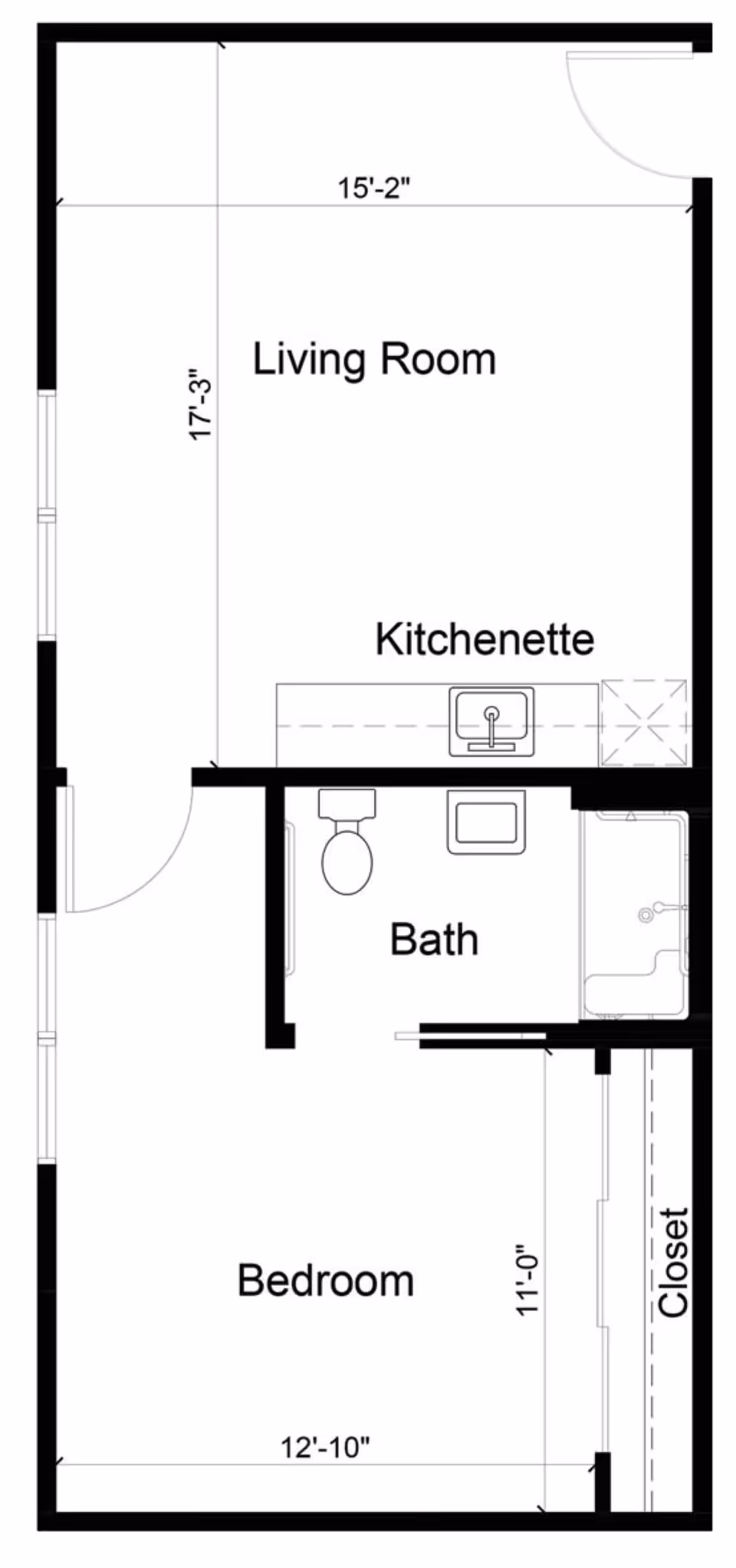 Floor plan layout of a one-bedroom unit showing a living room, kitchenette, bathroom, bedroom and closet with dimensions.