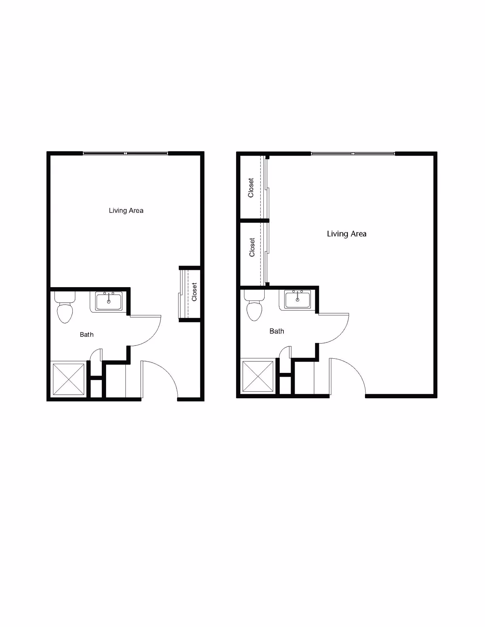 Two black and white architectural floor plans side by side, each showing a living area, a bathroom with a toilet, sink, and shower, and closets. The left floor plan has one closet near the entrance, while the right floor plan has two closets along one wall of the living area.