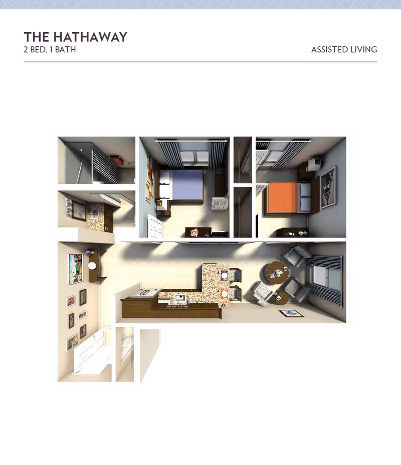 3D floor plan of The Hathaway assisted living apartment featuring 2 bedrooms, 1 bathroom, a kitchen with a breakfast bar, and a living/dining area with a round table and chairs.