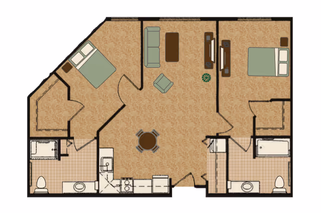 Floor plan of a senior living apartment featuring two bedrooms, two bathrooms, a kitchen, and a living room area with seating and a dining table.