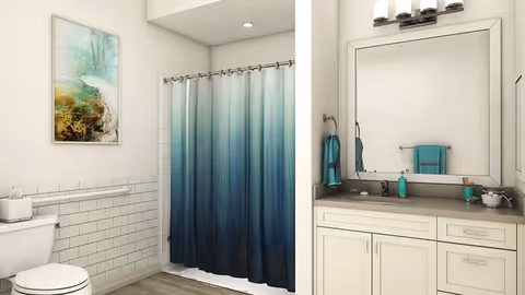 A clean and modern bathroom featuring a white toilet, a shower with a blue gradient curtain, a large mirror above a white vanity with a gray countertop, and a piece of abstract artwork on the wall.