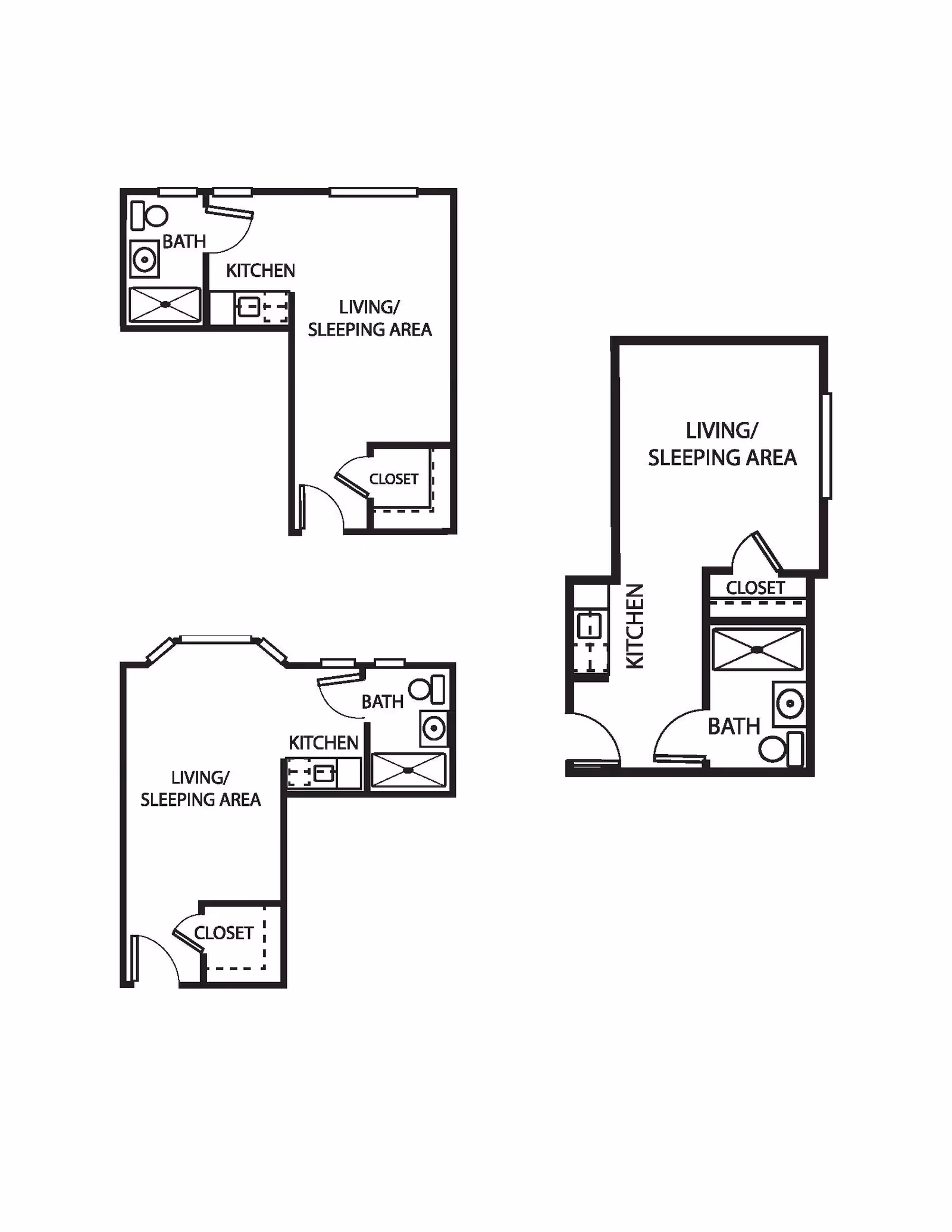 Architectural floor plans showing three studio apartment layouts, each with labeled areas including living/sleeping area, kitchen, bath, and closet.