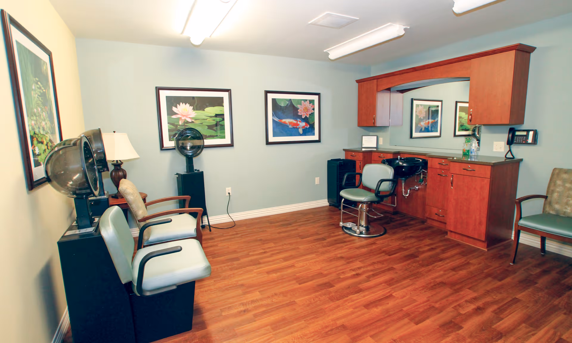 Interior salon/styling room with hooded hair dryers, a styling chair, wooden cabinets and framed floral artwork on wood floors.