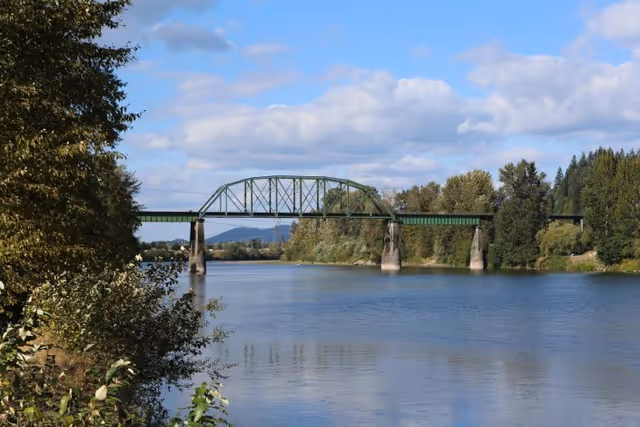 A green metal bridge spanning across a calm river with trees and bushes along the riverbanks under a partly cloudy sky.