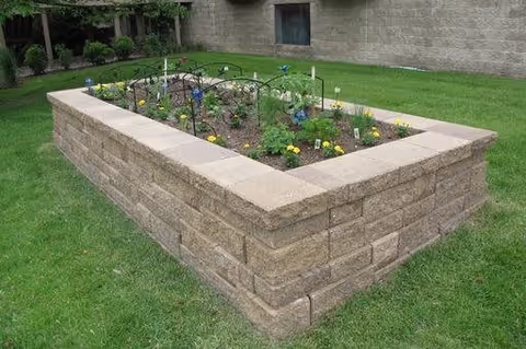 Raised rectangular garden bed made of beige bricks with various small plants and flowers growing inside, situated on a well-maintained green lawn near a building with a concrete wall.