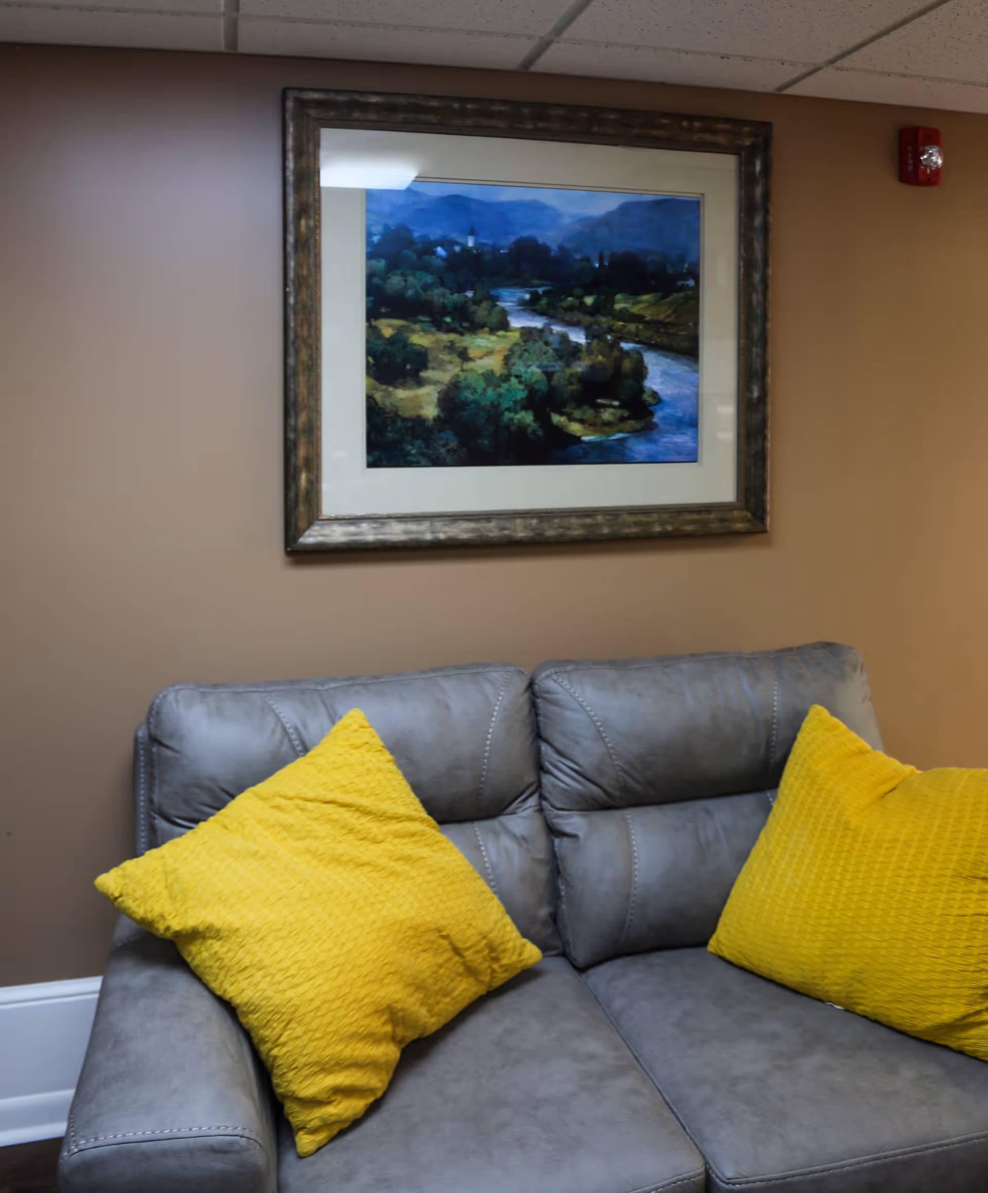Gray couch with two yellow pillows beneath a framed landscape painting on a beige wall.