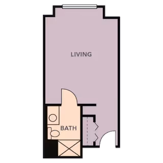 Floor plan layout showing a living area labeled 'LIVING' with an adjacent bathroom labeled 'BATH'. The bathroom includes a toilet, sink, and shower. The entrance is located near a small closet space.