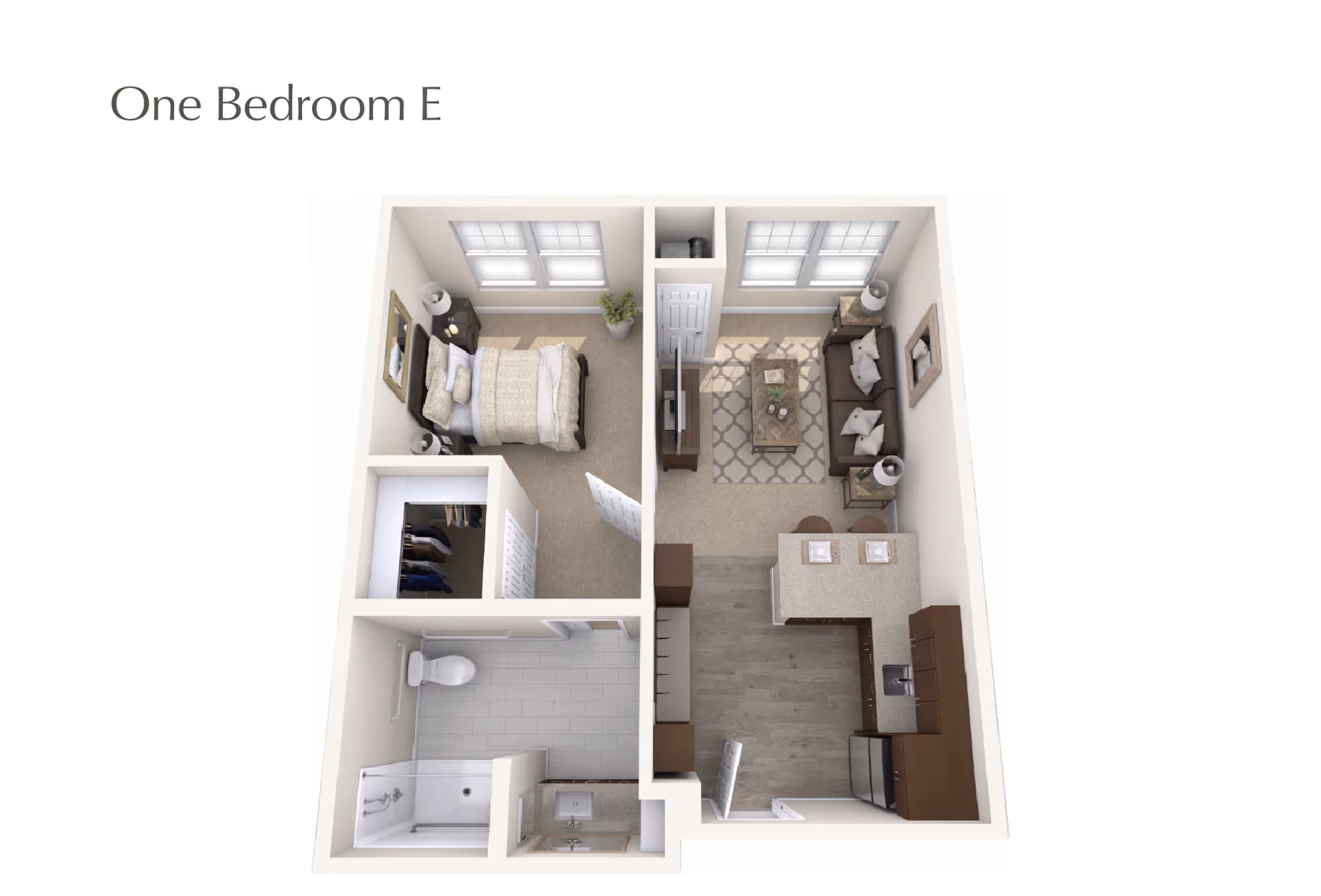 Top-down 3D floor plan of a one-bedroom apartment showing a bedroom, bathroom, kitchen, and living area.