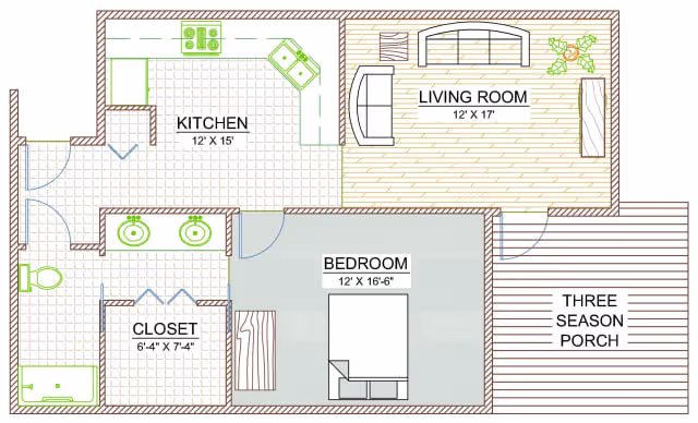 Floor plan of a living space at Garnett Place showing a kitchen, living room, bedroom, closet, bathroom, and a three season porch. The kitchen measures 12 by 15 feet, the living room 12 by 17 feet, the bedroom 12 by 16 feet 6 inches, and the closet 6 feet 4 inches by 7 feet 4 inches.