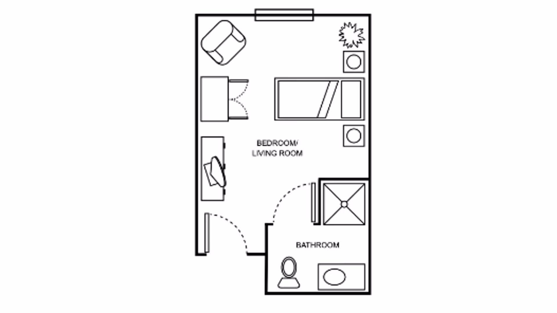 Floor plan layout of a small living space labeled as Bedroom/Living Room with a bed, chair, desk, and two side tables. Adjacent to this area is a bathroom with a toilet, sink, and shower.