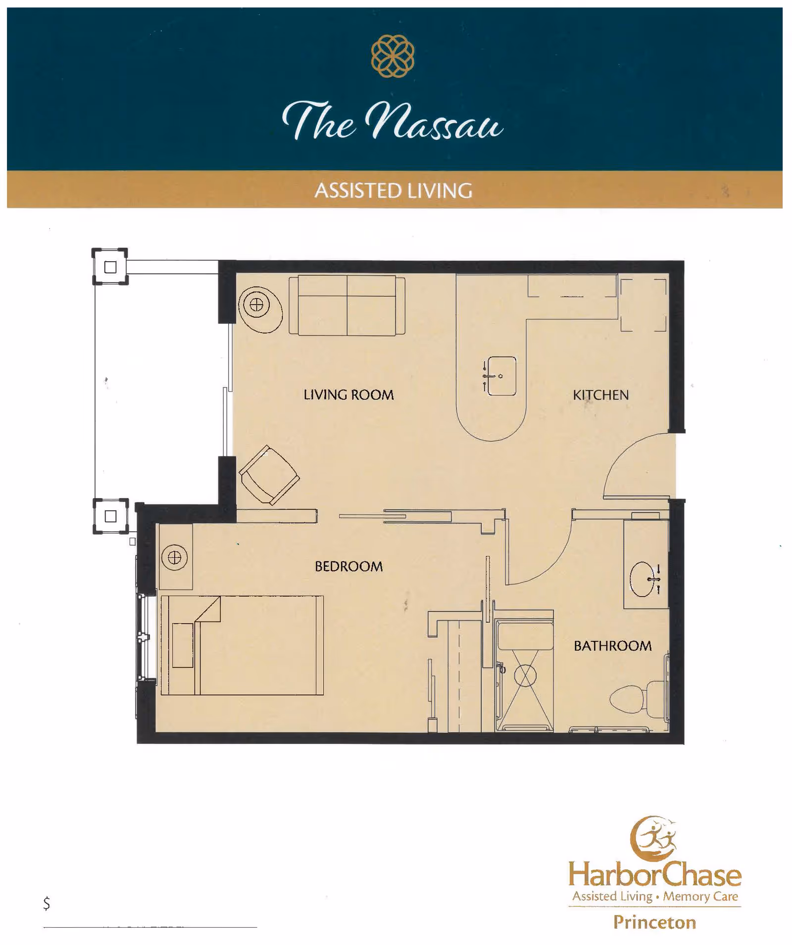 Floor plan of an assisted living unit named The Nassau at HarborChase of Princeton, showing a living room with sofa and chair, a kitchen area with a counter and sink, a bedroom with a bed and nightstand, and a bathroom with a shower, toilet, and sink.