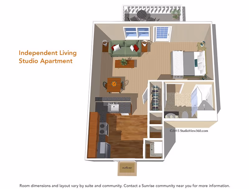 3D floor plan of an independent living studio apartment showing a combined living and sleeping area with a sofa, coffee table, dining table, bed, kitchen with appliances, bathroom with shower, and a small balcony.