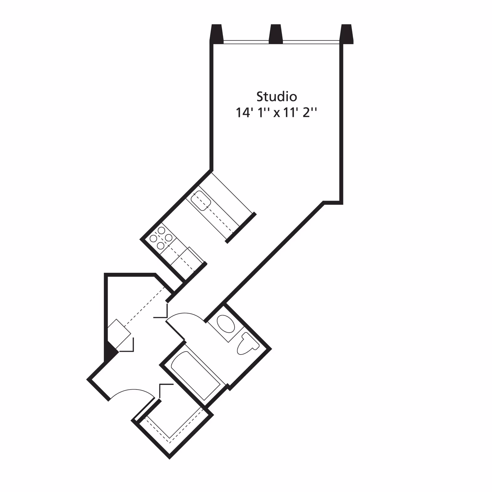Floor plan of a studio apartment measuring 14 feet 1 inch by 11 feet 2 inches, including a kitchen area, bathroom with bathtub and toilet, and entryway with closet space.